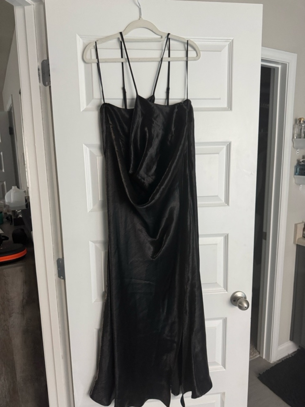 Elegant Black Satin Slip Dress with Cowl Neck and slit - Picture 2 of 5